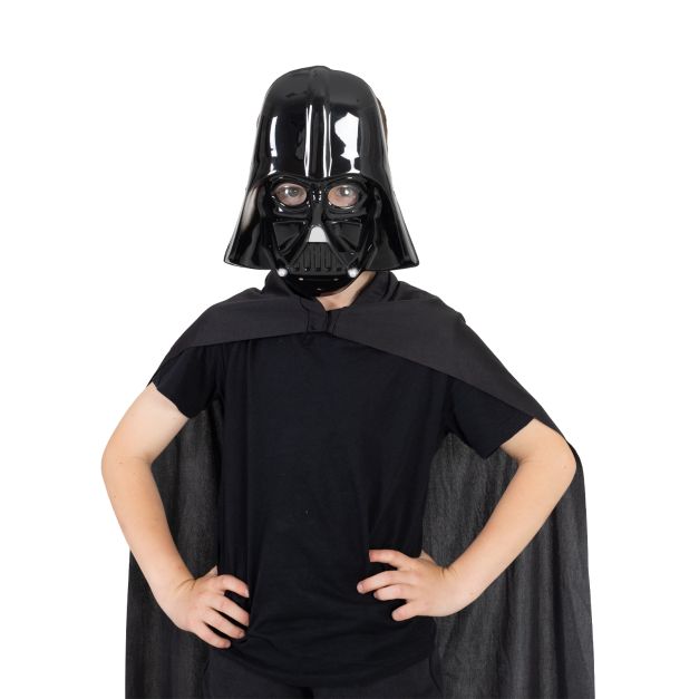 Full-length black cape draped with Vader mask showing iconic helmet silhouette for children Full-length black cape draped with Vader mask showing iconic helmet silhouette for children