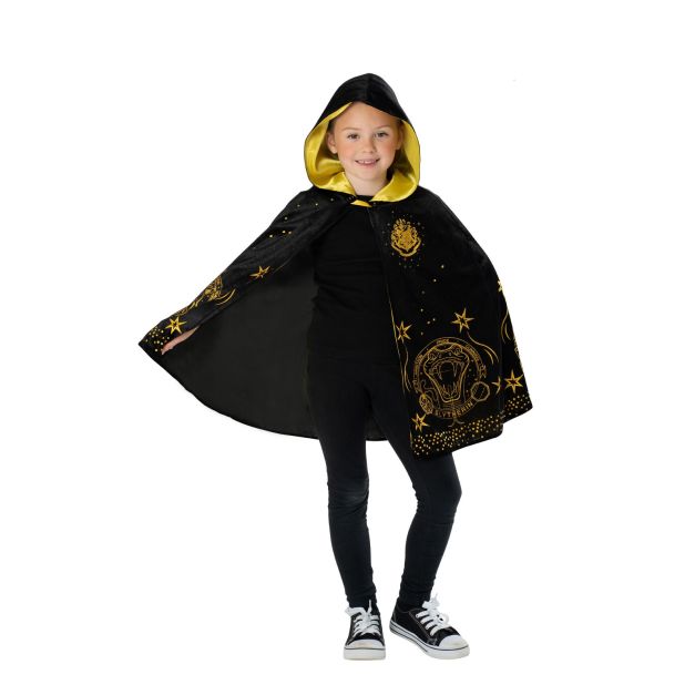 Kids black wizard robe with gold-lined hood and house crest detail Kids black wizard robe with gold-lined hood and house crest detail