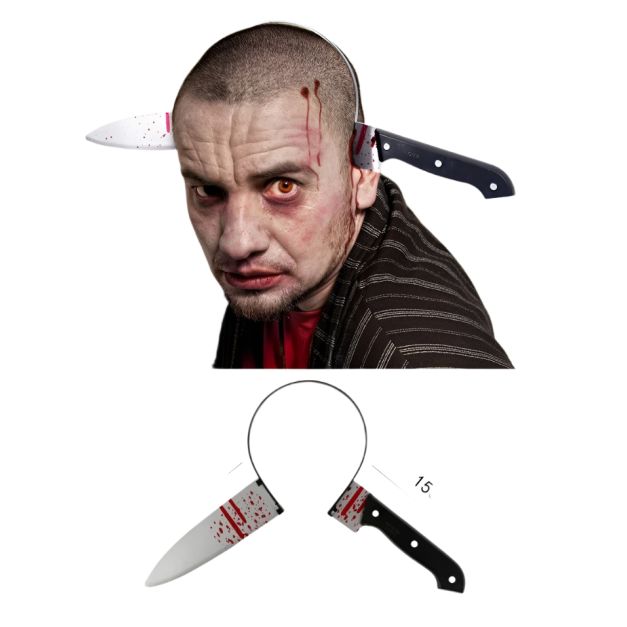 Plastic headband with knife accessory - rigid construction for through-head horror effect Plastic headband with knife accessory - rigid construction for through-head horror effect