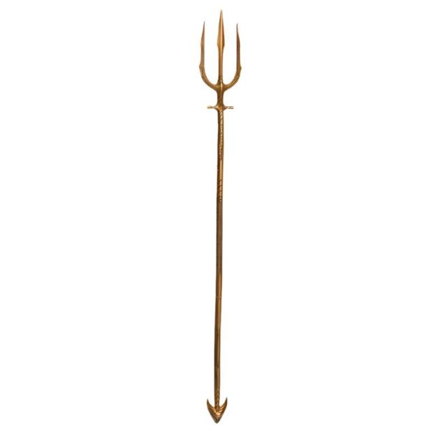 Full-length Aquaman trident staff showing ornate decorative collar detail Full-length Aquaman trident staff showing ornate decorative collar detail
