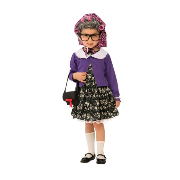 Granny costume for kids showing lace underlay skirt and polka-dot scarf hairnet Granny costume for kids showing lace underlay skirt and polka-dot scarf hairnet