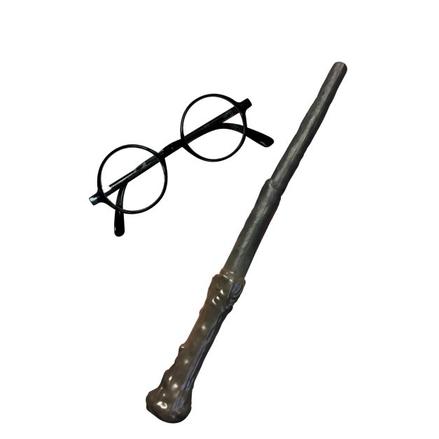 Kids Harry Potter glasses and wand accessory set with round black frames and wood-look wand Kids Harry Potter glasses and wand accessory set with round black frames and wood-look wand