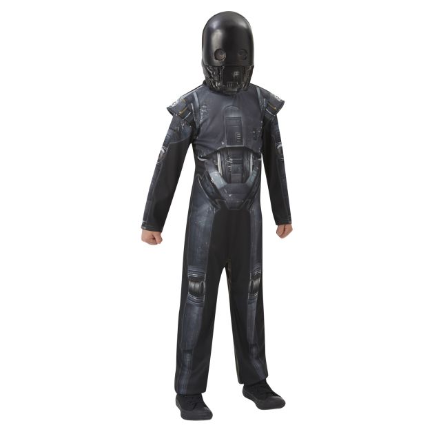 Child wearing K-2SO droid costume with skull-like mask and metallic details Child wearing K-2SO droid costume with skull-like mask and metallic details