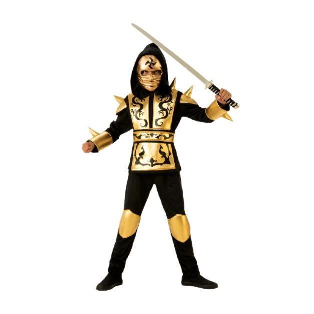 Kids gold dragon ninja warrior costume with hooded tunic and foam armor panels Kids gold dragon ninja warrior costume with hooded tunic and foam armor panels