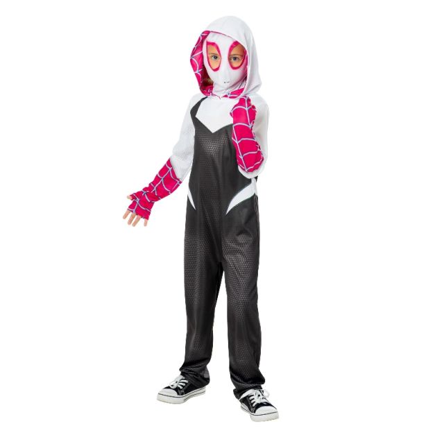 Marvel Ghost Spider kids costume - full body view with black geometric torso detail Marvel Ghost Spider kids costume - full body view with black geometric torso detail