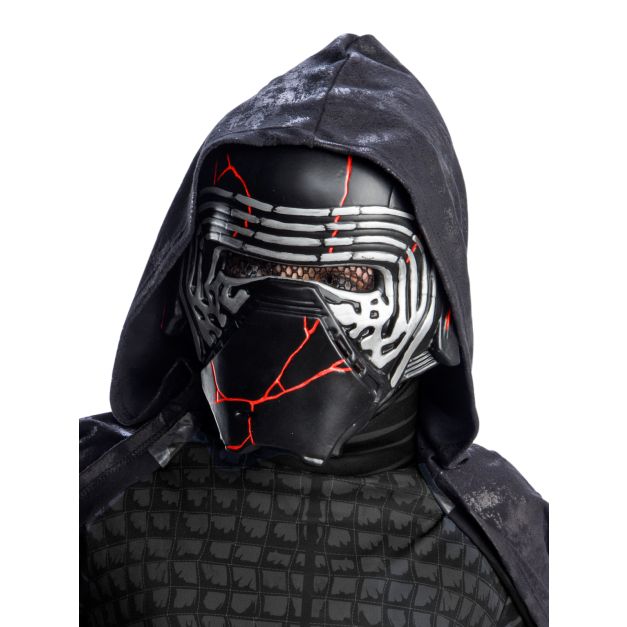 Kids Kylo Ren Deluxe Costume close-up of molded mask with cracked red detail and stand-away hood Kids Kylo Ren Deluxe Costume close-up of molded mask with cracked red detail and stand-away hood