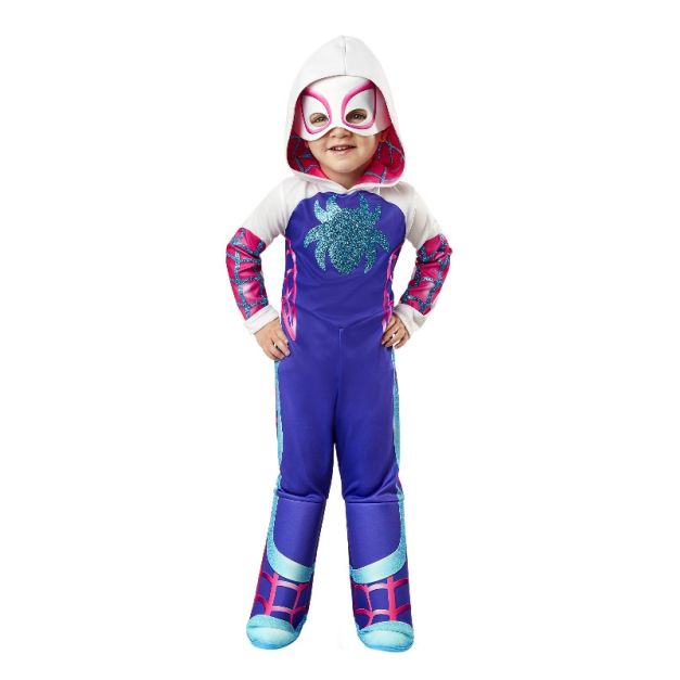 Toddler wearing Ghost Spider costume with attached boot tops and foam-backed mask Toddler wearing Ghost Spider costume with attached boot tops and foam-backed mask