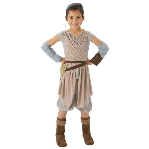 Kids Girls Rey Deluxe Costume hero full front view - girl wearing complete tunic, shorts, gauntlets and pouch Kids Girls Rey Deluxe Costume hero full front view - girl wearing complete tunic, shorts, gauntlets and pouch