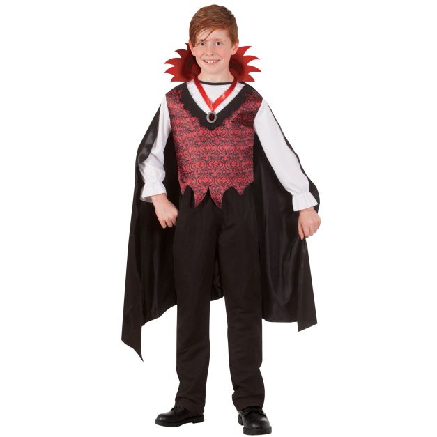 Boys deluxe vampire costume with red cape and gothic damask vest Boys deluxe vampire costume with red cape and gothic damask vest