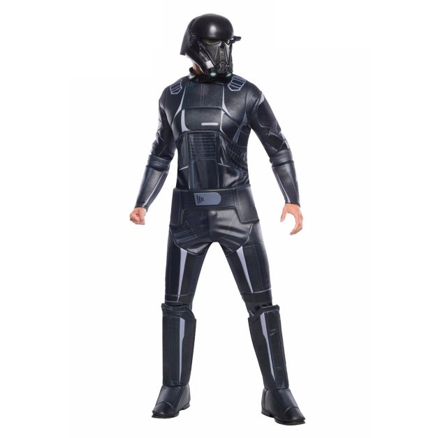 Adult Death Trooper Rogue One Deluxe Costume hero full front view - adult wearing printed black armour jumpsuit, printed belt and 2-part molded Death Trooper mask helmet Adult Death Trooper Rogue One Deluxe Costume hero full front view - adult wearing printed black armour jumpsuit, printed belt and 2-part molded Death Trooper mask helmet