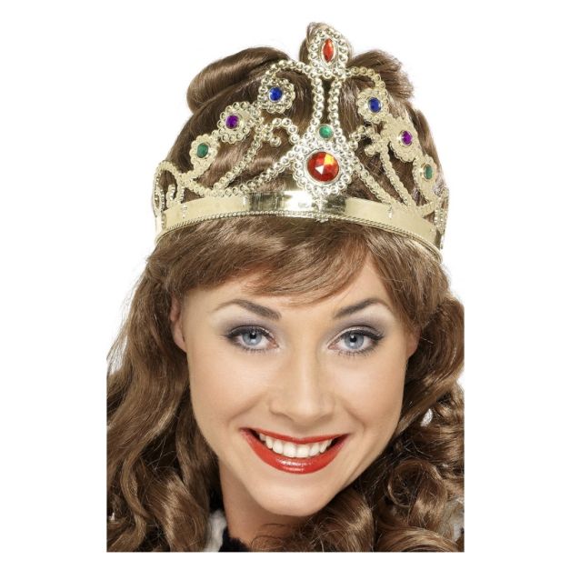 Gold metallic medieval crown headband with multicoloured jewels and cross ornament Gold metallic medieval crown headband with multicoloured jewels and cross ornament