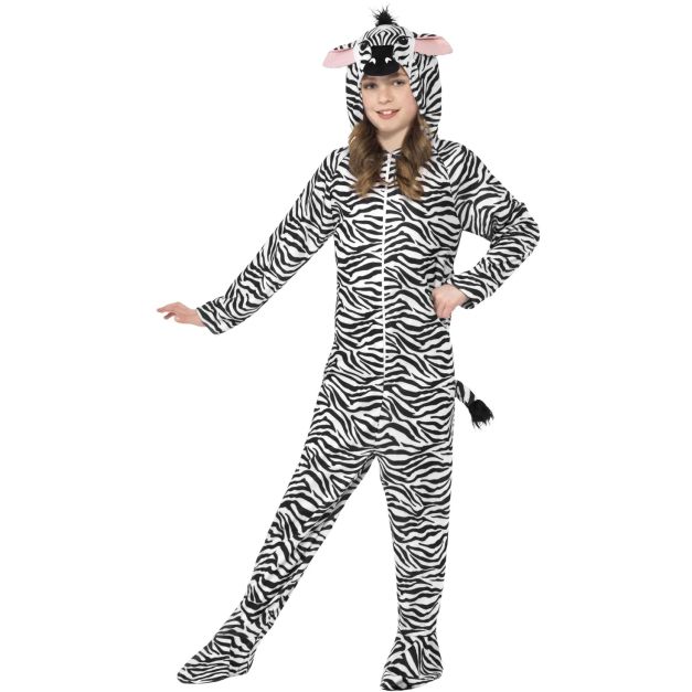 Kids Zebra Onesie Costume with Hood and Tail - Black & White Striped Jumpsuit - alternate view 3 Kids Zebra Onesie Costume with Hood and Tail - Black & White Striped Jumpsuit - alternate view 3