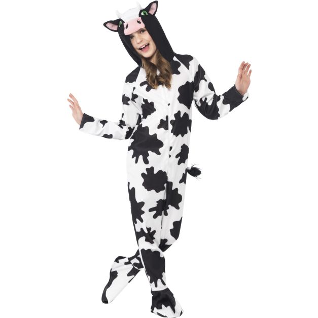 Kids cow jumpsuit detail showing black hoof prints at wrists and center-front zipper Kids cow jumpsuit detail showing black hoof prints at wrists and center-front zipper