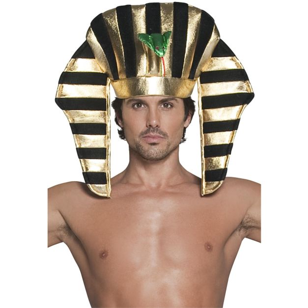 Adult Egyptian pharaoh headpiece in gold and black stripes with cobra emblem at forehead Adult Egyptian pharaoh headpiece in gold and black stripes with cobra emblem at forehead