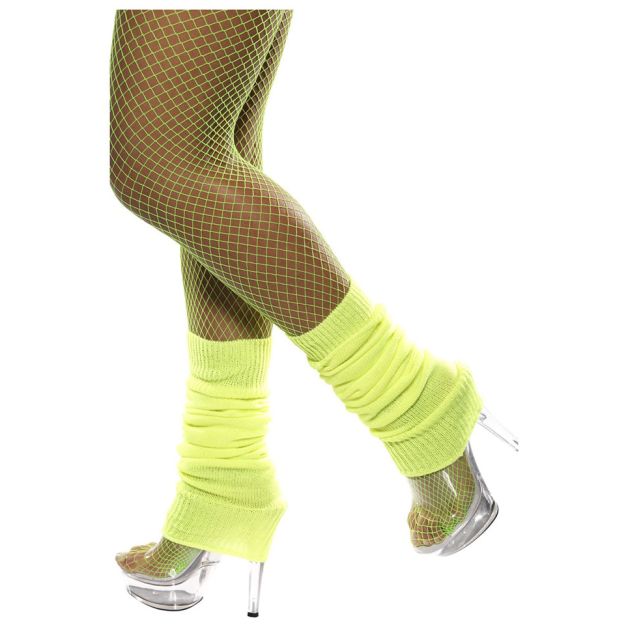 Neon yellow ribbed knit leg warmers with deep scrunch texture in 80s aerobics style Neon yellow ribbed knit leg warmers with deep scrunch texture in 80s aerobics style