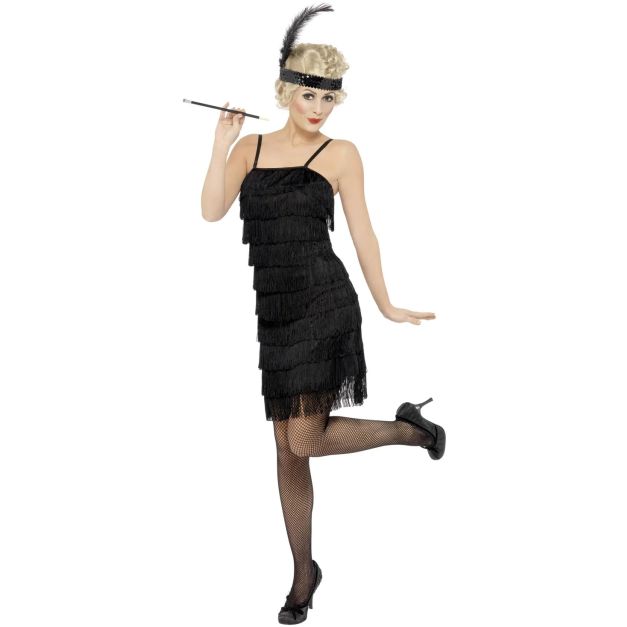 Womens black flapper dress with tiered fringe and sequined feather headpiece Womens black flapper dress with tiered fringe and sequined feather headpiece