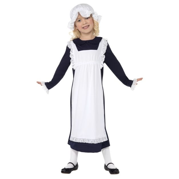 Olden day dress up costume showing full-length navy dress with lace cuffs and white pinafore apron Olden day dress up costume showing full-length navy dress with lace cuffs and white pinafore apron