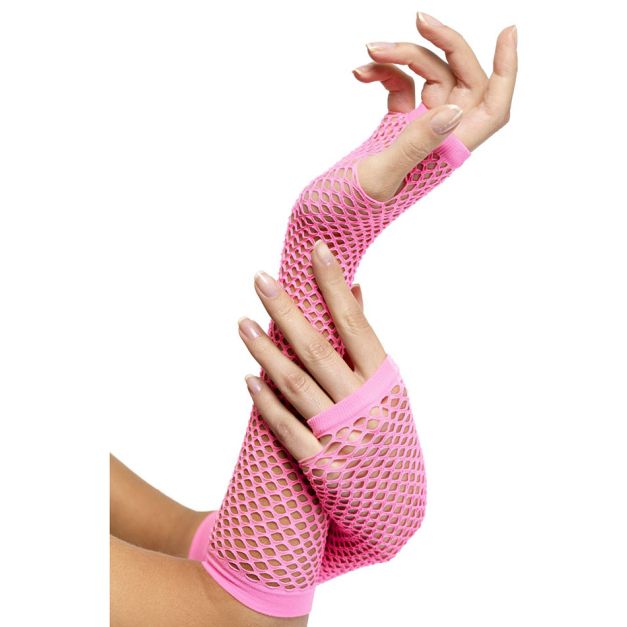 Hot pink long fingerless fishnet gloves with elastic ribbed cuffs and open diamond mesh pattern Hot pink long fingerless fishnet gloves with elastic ribbed cuffs and open diamond mesh pattern