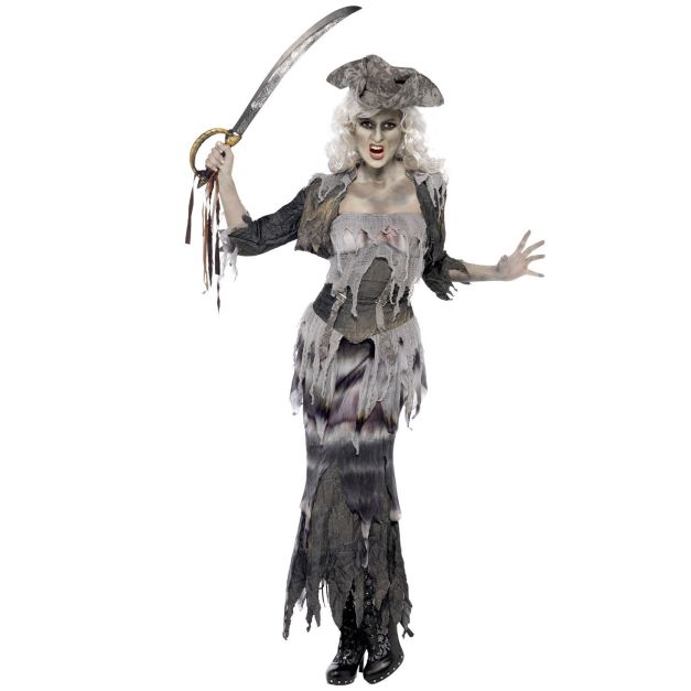 Womens grey ghost pirate costume with distressed tricorn hat and tattered skirt Womens grey ghost pirate costume with distressed tricorn hat and tattered skirt