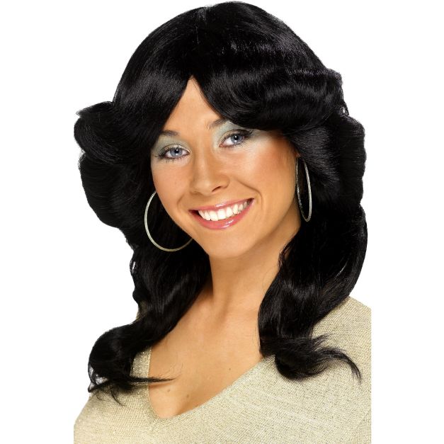 Adult 70s black wig with feathered flick layers and center-parted fringe Adult 70s black wig with feathered flick layers and center-parted fringe