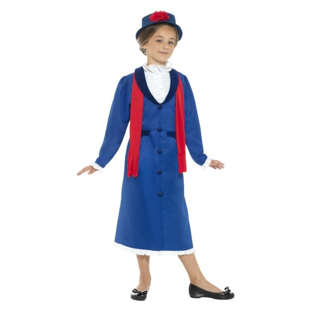 Child wearing Victorian nanny Book Week costume with flat-brimmed hat and fringed red scarf Child wearing Victorian nanny Book Week costume with flat-brimmed hat and fringed red scarf