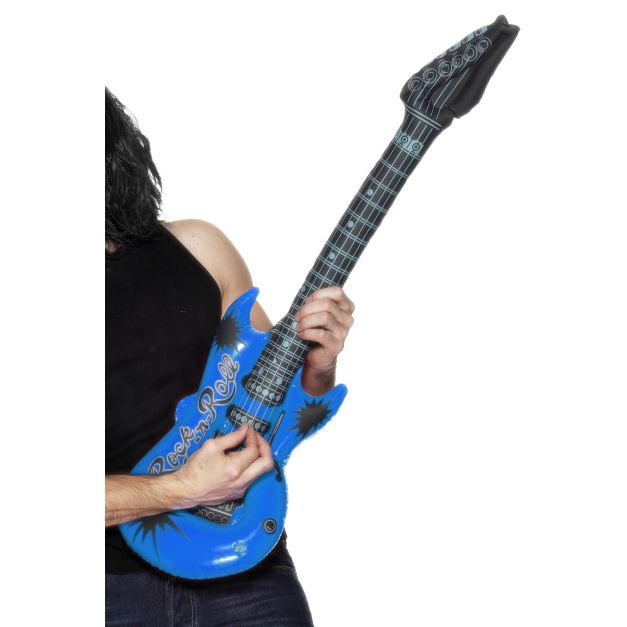 Adult inflatable electric guitar prop in bright blue with Rock 'n' Roll graphics and printed fretboard Adult inflatable electric guitar prop in bright blue with Rock 'n' Roll graphics and printed fretboard