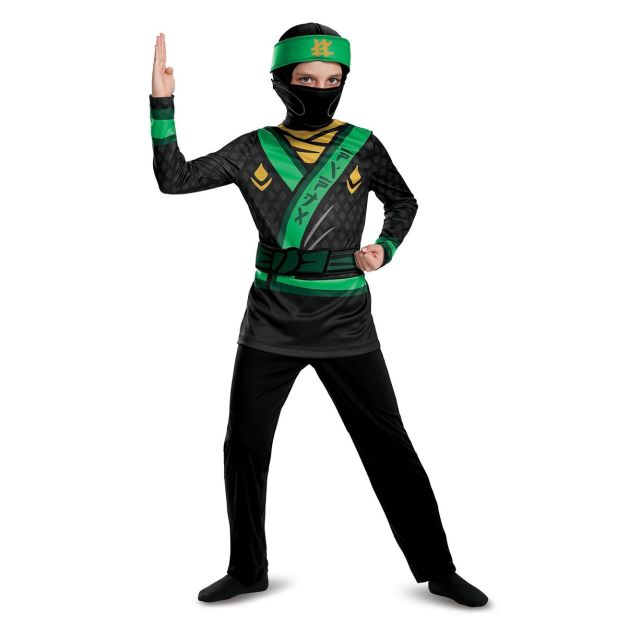 Kids ninja go costume in green with printed armor jumpsuit and black face mask Kids ninja go costume in green with printed armor jumpsuit and black face mask