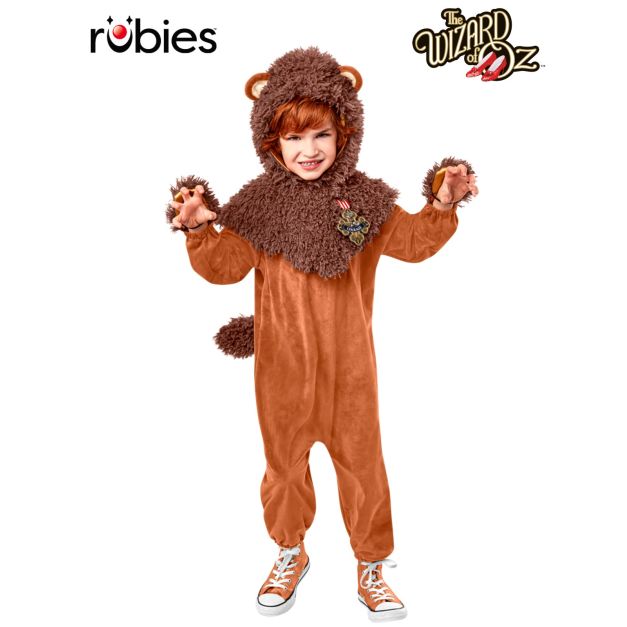 Child wearing deluxe Cowardly Lion costume with plush caramel jumpsuit and shaggy brown faux fur mane Child wearing deluxe Cowardly Lion costume with plush caramel jumpsuit and shaggy brown faux fur mane