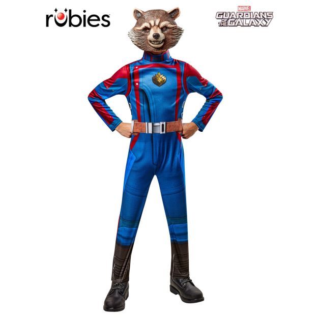 Kids Rocket Raccoon deluxe costume with blue and red printed jumpsuit, golden chest emblem and vacuform mask Kids Rocket Raccoon deluxe costume with blue and red printed jumpsuit, golden chest emblem and vacuform mask