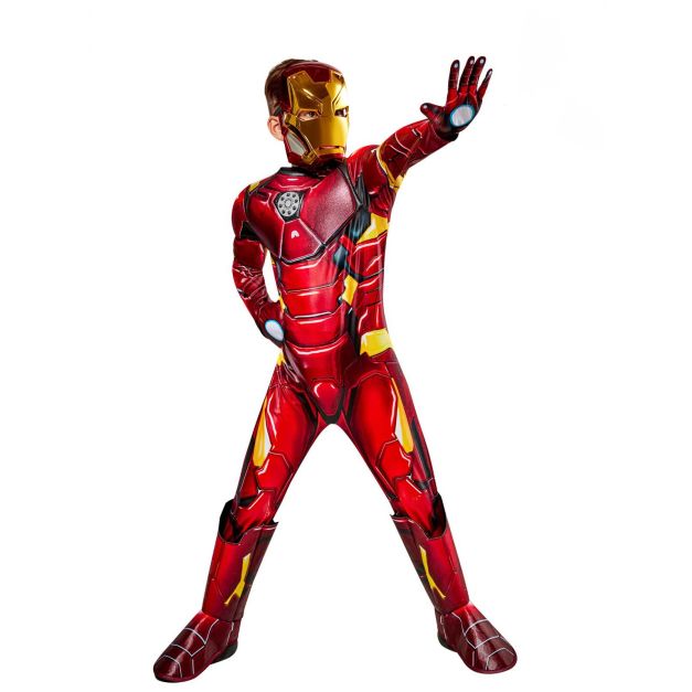 Kids Iron Man costume full-body jumpsuit with padded muscle chest and arc reactor detail Kids Iron Man costume full-body jumpsuit with padded muscle chest and arc reactor detail