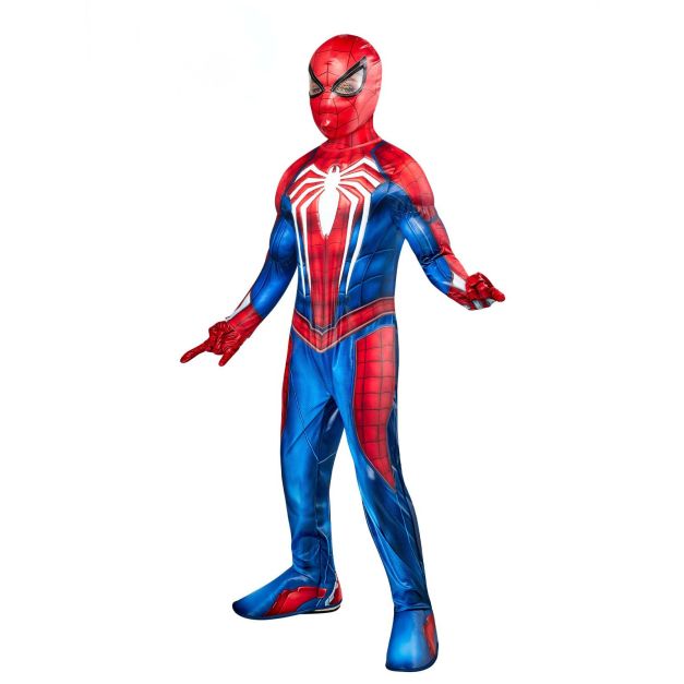Kids Spider-Man 2 deluxe costume with blue geometric panels and white spider emblem Kids Spider-Man 2 deluxe costume with blue geometric panels and white spider emblem
