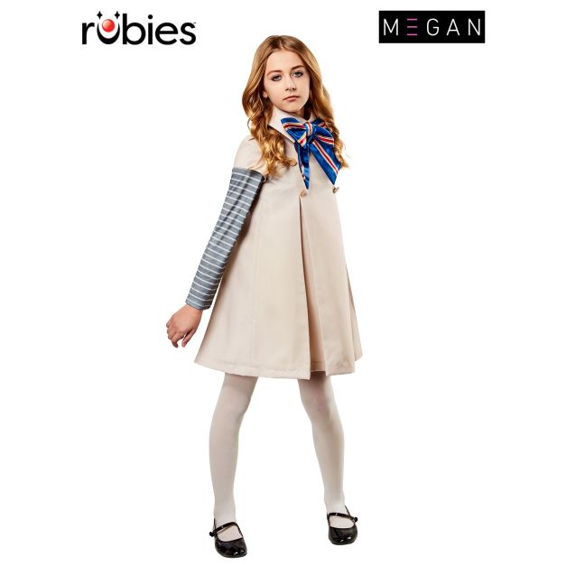 Girls M3GAN costume dress with striped sleeves and oversized bow Girls M3GAN costume dress with striped sleeves and oversized bow