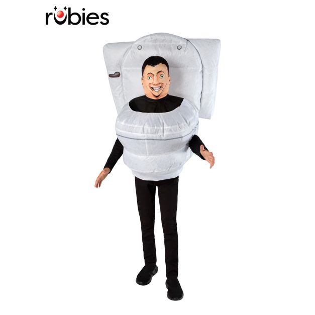 Kids Skibidi Toilet inflatable costume with white toilet shell and printed flush button detail Kids Skibidi Toilet inflatable costume with white toilet shell and printed flush button detail