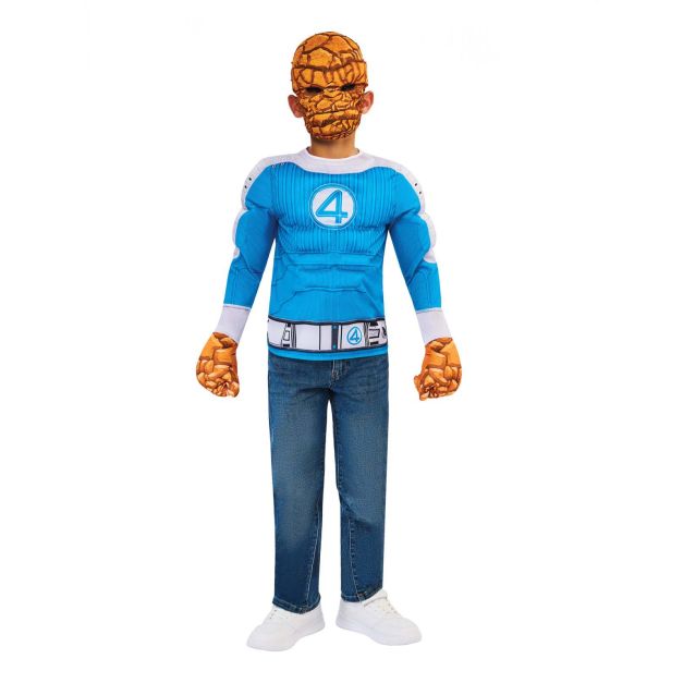 Kids The Thing costume with blue muscle chest top, orange rocky mask and gloves Kids The Thing costume with blue muscle chest top, orange rocky mask and gloves