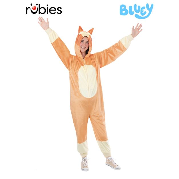 Adult Bingo Bluey costume deluxe plush hooded jumpsuit with Red Heeler spots Adult Bingo Bluey costume deluxe plush hooded jumpsuit with Red Heeler spots