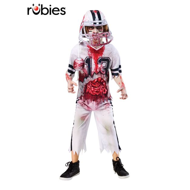 Kids zombie football player costume with blood-splattered white jersey and helmet Kids zombie football player costume with blood-splattered white jersey and helmet