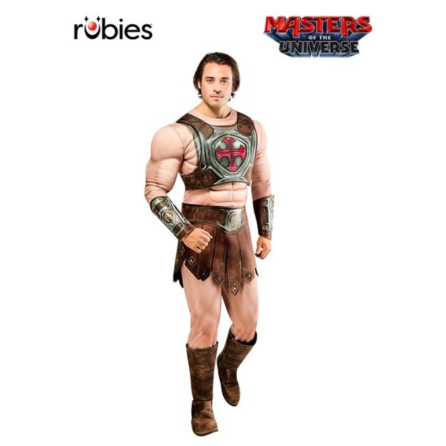 Adult He-Man deluxe muscle costume with 3D padded chest and arms, metallic chest harness and leather-look tunic Adult He-Man deluxe muscle costume with 3D padded chest and arms, metallic chest harness and leather-look tunic