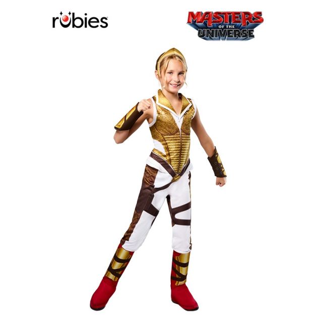 Girls Teela costume with gold armor jumpsuit and red boot covers Girls Teela costume with gold armor jumpsuit and red boot covers