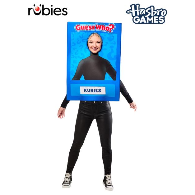Adult wearing Guess Who board game costume with blue game-card frame and face cut-out Adult wearing Guess Who board game costume with blue game-card frame and face cut-out