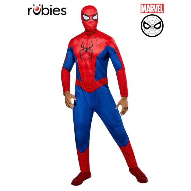 Adult Spider-Man costume full-body jumpsuit with red and blue web pattern and chest spider emblem Adult Spider-Man costume full-body jumpsuit with red and blue web pattern and chest spider emblem