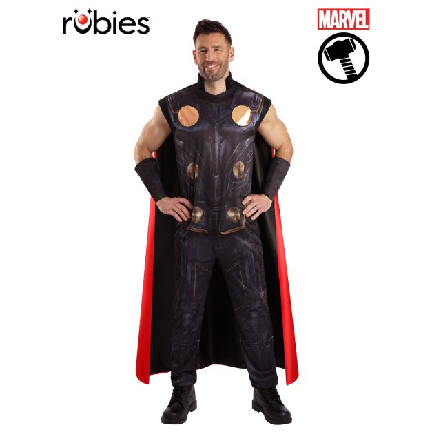 Adult Thor costume with digitally printed jumpsuit and red cape Adult Thor costume with digitally printed jumpsuit and red cape