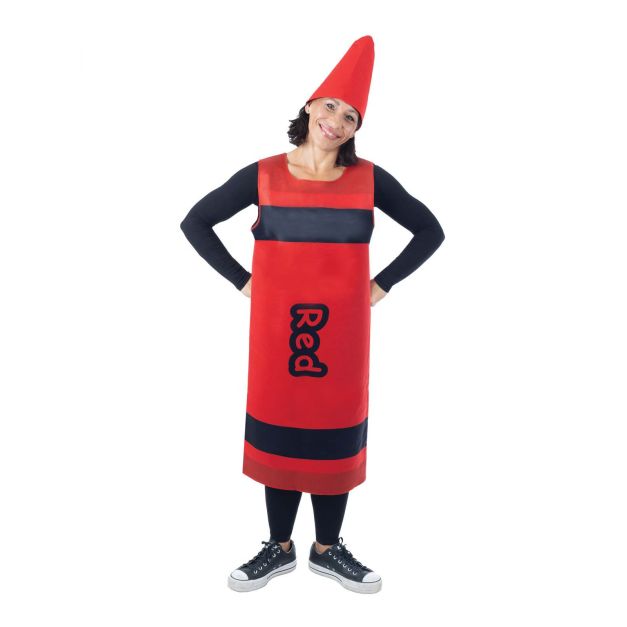 Adult wearing red crayon tabard costume with conical headpiece and black clothing Adult wearing red crayon tabard costume with conical headpiece and black clothing