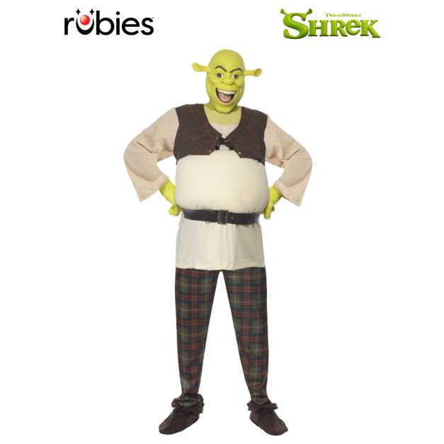 Adult Shrek costume with green latex mask, cream tunic, dark brown vest and tartan trousers Adult Shrek costume with green latex mask, cream tunic, dark brown vest and tartan trousers