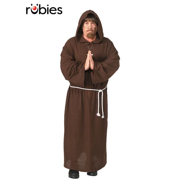 Adult monk robe costume in brown with hood and white rope belt Adult monk robe costume in brown with hood and white rope belt