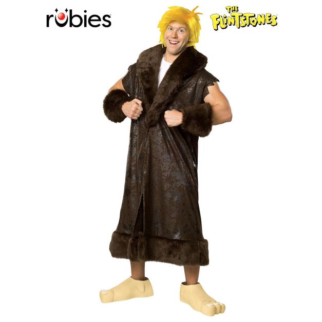 Adult Barney Rubble costume with brown tunic and blonde wig - front view Adult Barney Rubble costume with brown tunic and blonde wig - front view