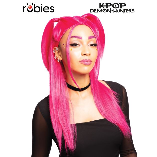 Adult hot pink K-Pop Demon Hunters Mira wig with dual side ponytails and center part Adult hot pink K-Pop Demon Hunters Mira wig with dual side ponytails and center part