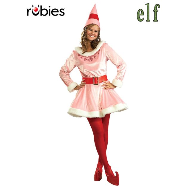 Adult Jovie Elf costume pink crushed velvet mini dress with white fur trim Adult Jovie Elf costume pink crushed velvet mini dress with white fur trim