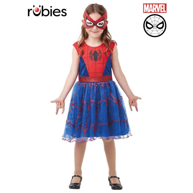 Girls Spider-Girl tutu costume dress with red velour bodice and blue metallic panels Girls Spider-Girl tutu costume dress with red velour bodice and blue metallic panels