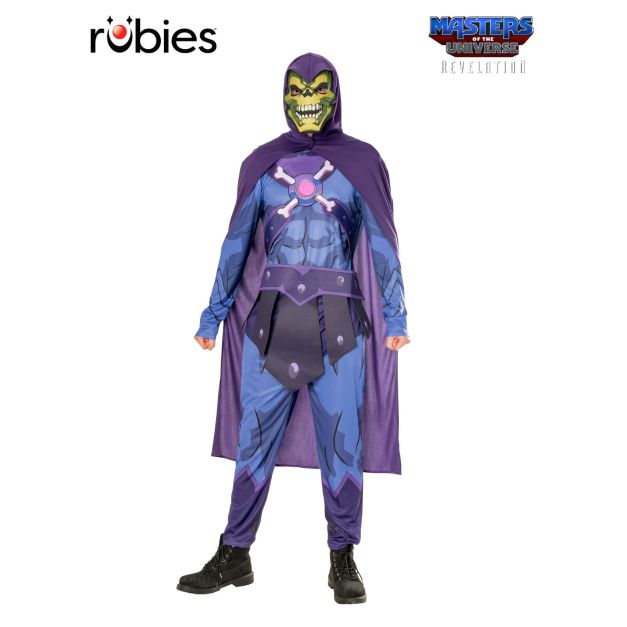 Adult Skeletor Deluxe Muscle Costume full body view with EVA skull mask and purple cape Adult Skeletor Deluxe Muscle Costume full body view with EVA skull mask and purple cape