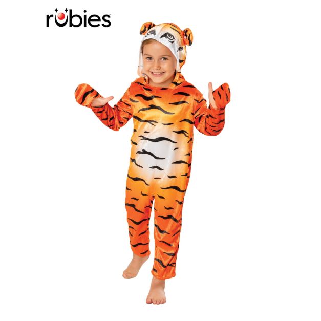Kids tiger costume jumpsuit with orange and black stripes, 3D hood ears and paw sleeves Kids tiger costume jumpsuit with orange and black stripes, 3D hood ears and paw sleeves
